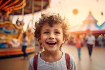 Wall Mural - Generative AI illustration funny little kid visiting amusement park summer holidays joyfully smiling best day leisure