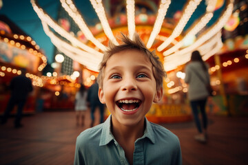 Wall Mural - Generative AI illustration funny little kid visiting amusement park summer holidays joyfully smiling best day leisure