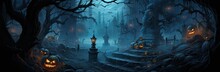 A Spooky Graveyard Painting With Pumpkins In The Foreground
