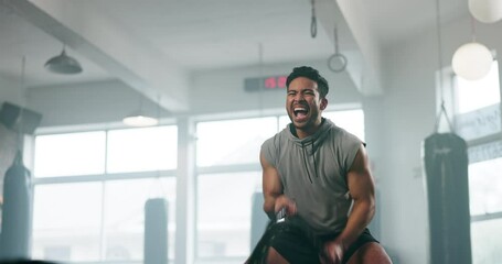 Wall Mural - Fitness, rope exercise and a man at gym for body builder training and wellness. Asian athlete person with focus, heavy or battle ropes for power, strong muscle and workout or challenge for health