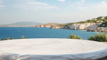 Wall Mural - White marble table top on blur ocean sea island and blue sky background - can be used for display or montage your products