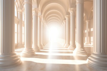 Wall Mural - the sunlight illuminates the long and white corridor as it filters through the columns.