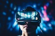 © Yuliia - Young hispanic girl woman student use computer technology VR headset virtual reality goggles exploration metaverse modern advanced tech future progress playing cyber game experience gaming background
