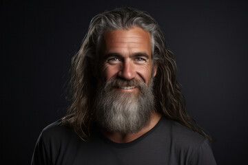 Poster - A smiling middle-aged European man with a long beard against a gray studio background.