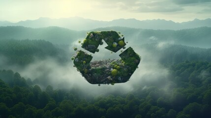 Recycling icon made of waste polluted grassy soil against the background of beautiful landscape, forest, mountains and sky. Waste recycling priority. Environmental sustainable development concept.