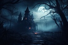 An Eerie House Surrounded By Dark Woods At Night