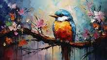 Painting Style Illustration Of Cute Blue Bird On Flower Blossom Branch, Generative Ai