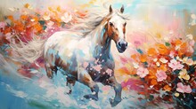 Painting Style Illustration Of Elegance Brown Horse Running In Flower Forest, Happy Animal Life, Generative Ai