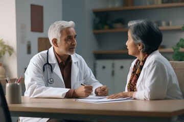 Wall Mural - An Indian doctor in a white coat advises an elderly patient. Medical reception of a doctor in a clinic. AI generated.