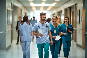 Medical students are walking along the corridor of the Medical University. AI generated.