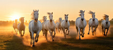A Herd Of White Horses Runs Across The Meadow At Sunset.