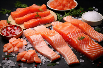 Wall Mural - Pieces of red salmon or sockeye salmon or coho salmon. Salted fish with spices and lemon on a cutting board.