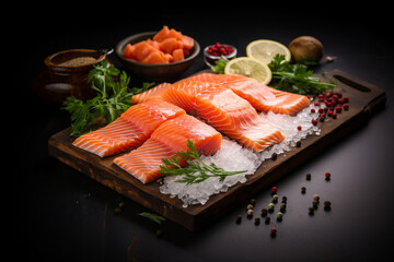 Wall Mural - Pieces of red salmon or sockeye salmon or coho salmon. Salted fish with spices and lemon on a cutting board.