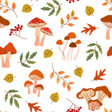 Seamless Pattern With Leaves And Mushrooms