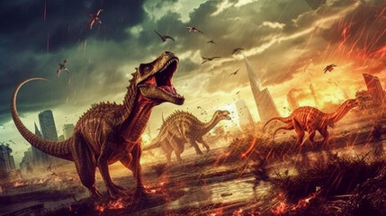 Canvas Print - A scene from prehistory. Dinosaurs before extinction - Generative AI