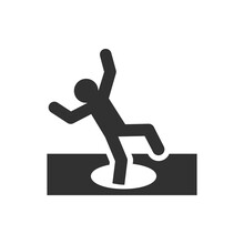 Person Falls Into A Hole In The Ground Icon. Watch Out, Watch Your Feet, Open Sewer Manhole. Monochrome Black And White Symbol