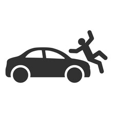 Car Hits A Person Icon, Side View. Accident. Monochrome Black And White Symbol