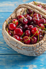 Wall Mural - Fresh cherries in a wicker basket.