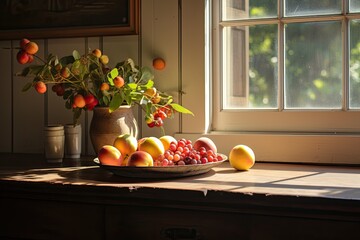 Poster - Fresh fruit sits on a wooden table in the kitchen, bathed in sunlight streaming in through the window.