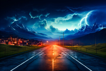 Poster - Image of road at night with mountains in the background.