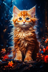 Poster - Image of cat sitting in field of flowers.