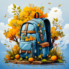 Wall Mural - Image of blue backpack sitting on top of pile of leaves.