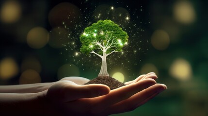 Wall Mural - symbolic magic green tree in human hands on blurred background. respect for nature, sustainable ener