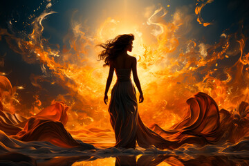 Poster - Image of woman standing in front of sunset.