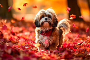 Poster - Small brown and white dog standing in field of leaves.