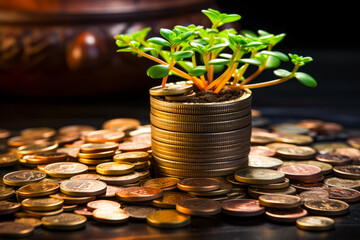 Sticker - Potted plant sitting on top of pile of coins.