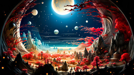 Sticker - Image of landscape with full moon in the sky.