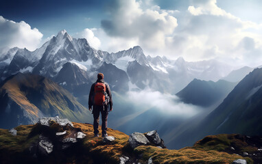 Wall Mural - Hiker on the top of mountain