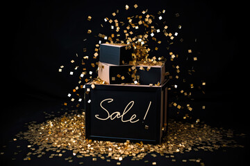 Wall Mural - Black Friday. Cyber Monday. Black christmas boxes with golden ribbon on black background with copy space for text. With Generative AI technology