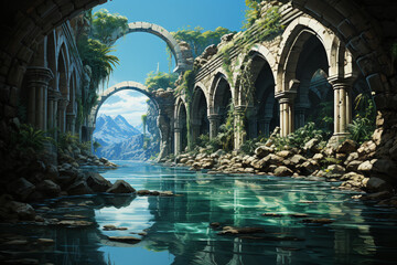Poster - A view of historical ruins set against a mainland backdrop, reflecting the passage of time and the remnants of civilizations  Generative AI technology.