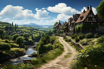 Aufkleber - An image of a quaint rural village, with charming cottages surrounded by rolling hills and fields, embodying the peacefulness of countryside living. Generative AI technology.