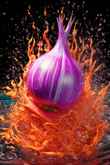 Poster - An abstract surreal photograph of a Onion splashed in bright paint, symbolizing freshness and health.  Generative AI technology...