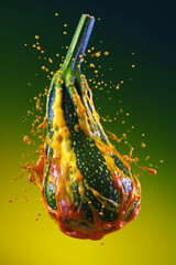 Poster -  An abstract surreal photograph of a Zucchini splashed in bright paint, symbolizing freshness and health.  Generative AI technology.