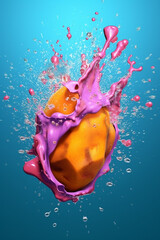 Leinwandbilder -  An abstract surreal photograph of a Sweet potato splashed in bright paint, symbolizing freshness and health.   Generative AI technology.