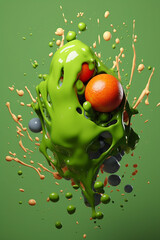 Poster -   An abstract surreal photograph of a Peas splashed in bright paint, symbolizing freshness and health. Generative AI technology.