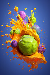 Aufkleber - An abstract surreal photograph of a Brussels sprouts splashed in bright paint, symbolizing freshness and health.  Generative AI technology.