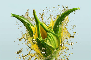 Poster - An vibrant photograph of a Okra splashed in bright paint, symbolizing freshness and health.  Generative AI technology.
