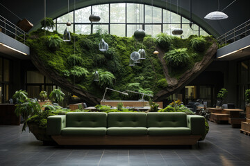  Home office with many green plants and relax green sofa