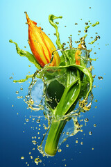 Poster - An abstract surreal photograph of a Okra splashed in bright paint, symbolizing freshness and health. Generative AI technology.