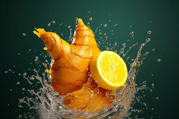 Aufkleber - An vibrant photograph of a Ginger splashed in bright paint, symbolizing freshness and health.  Generative AI technology.