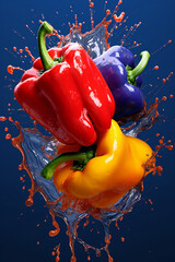 Poster - An abstract surreal photograph of a Peppers splashed in bright paint, symbolizing freshness and health.  Generative AI technology.