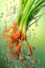 Poster - An abstract surreal photograph of a Scallion splashed in bright paint, symbolizing freshness and health. Generative AI technology.