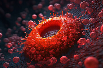 Poster - A bacterial colony with a circular shape and smooth edges, featuring a vibrant red coloration.  Generative AI technology.