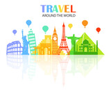 Fototapeta Londyn - colorful icons travel around the world over white background. Important tourist attractions concept. vector illustration flat design.