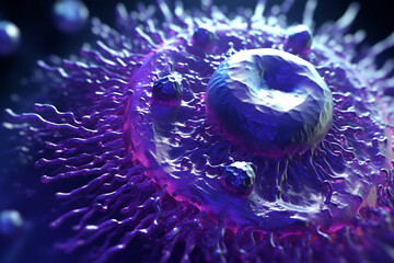 Poster - A bacterial colony with a circular shape and a textured surface, exhibiting a dark purple coloration. Generative AI technology.
