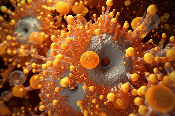 Poster - A clustered bacterial colony with irregular boundaries and a pale orange color, resembling a cluster of tiny spheres.  Generative AI technology.